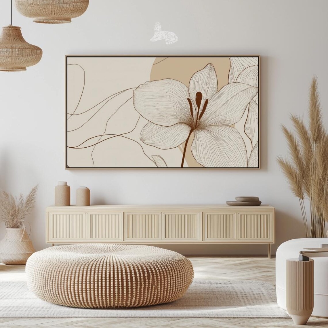 Minimalist Lily Flower Line Art Beige Japandi Style Botanical Poster - Image 2