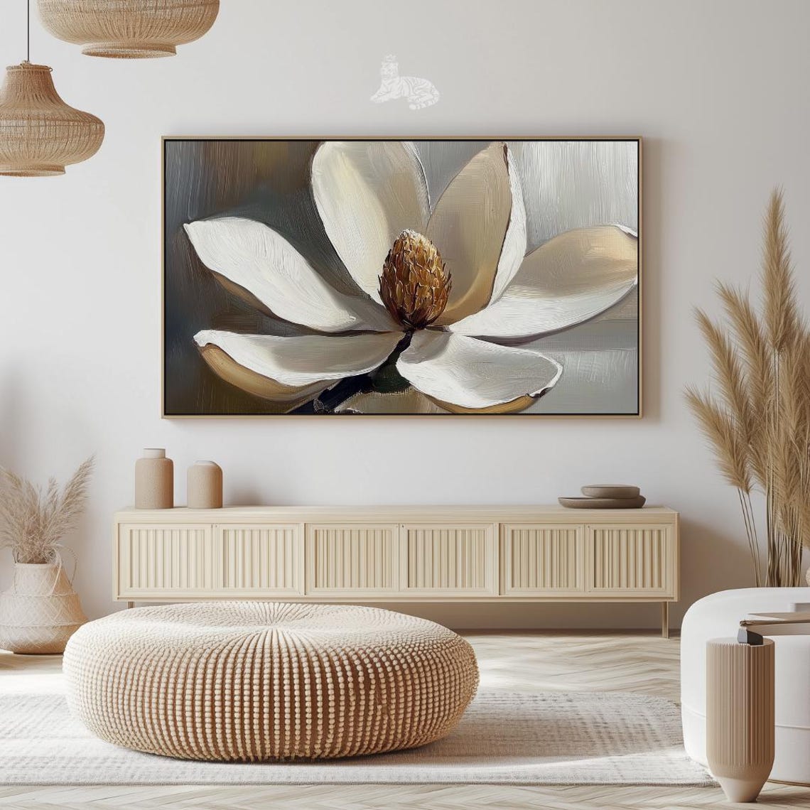 Elegant White Magnolia Bloom Oil Painting Neutral Gray Floral Wall Art - Image 2