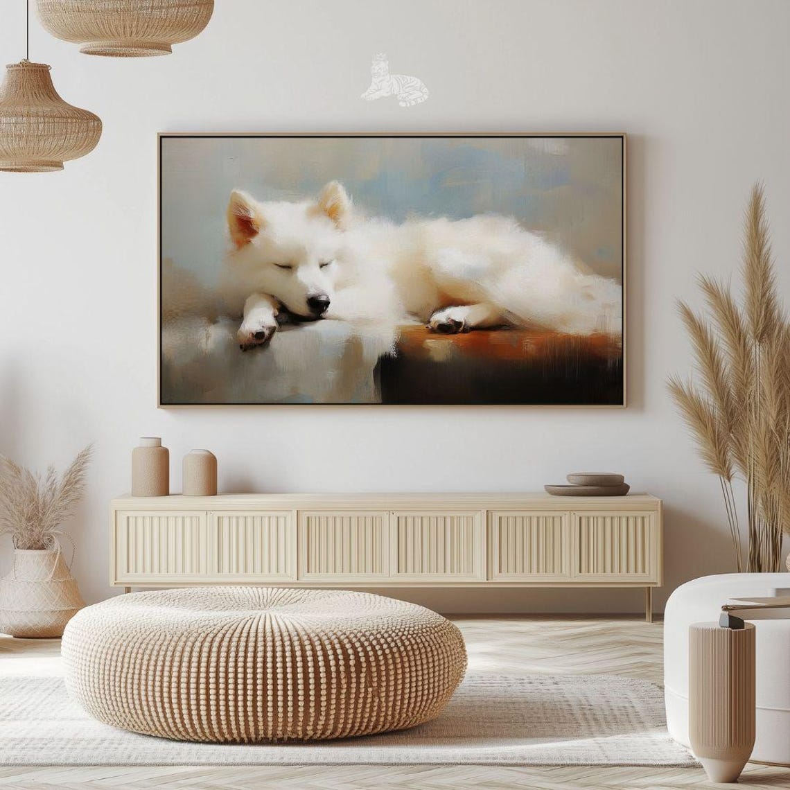 Sleeping White Fluffy Dog On Cozy Sofa Peaceful Puppy Nap Print - Image 2