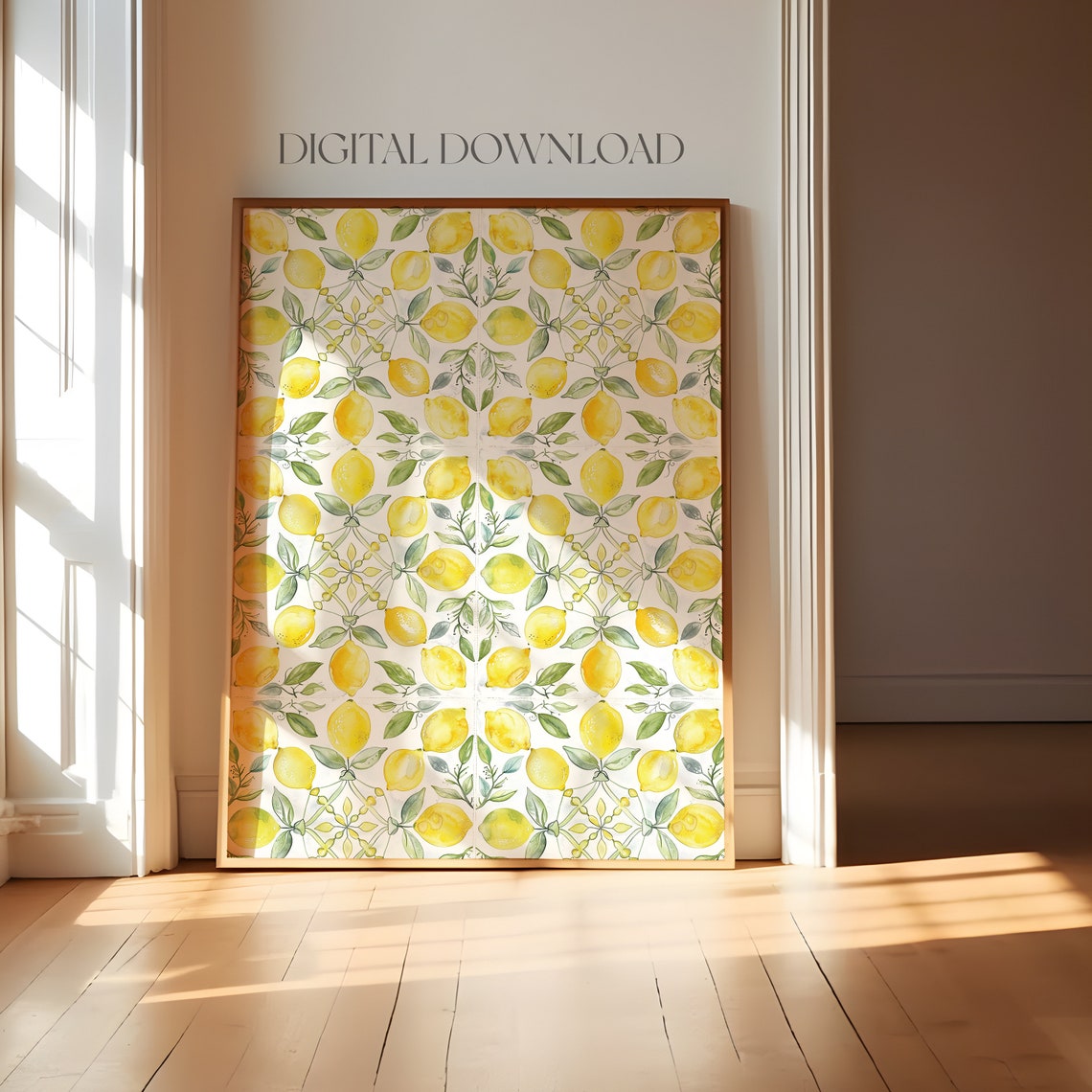 Yellow Lemon Tile Pattern Mediterranean Kitchen Summer Wall Art