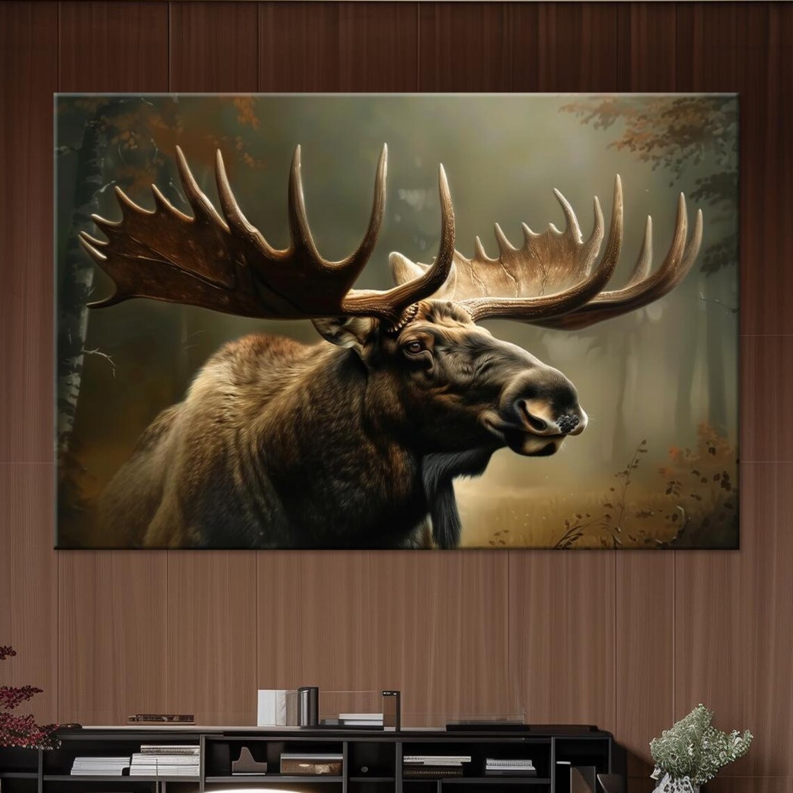 Majestic Bull Moose Wildlife Portrait Misty Forest Autumn Wall Art Poster