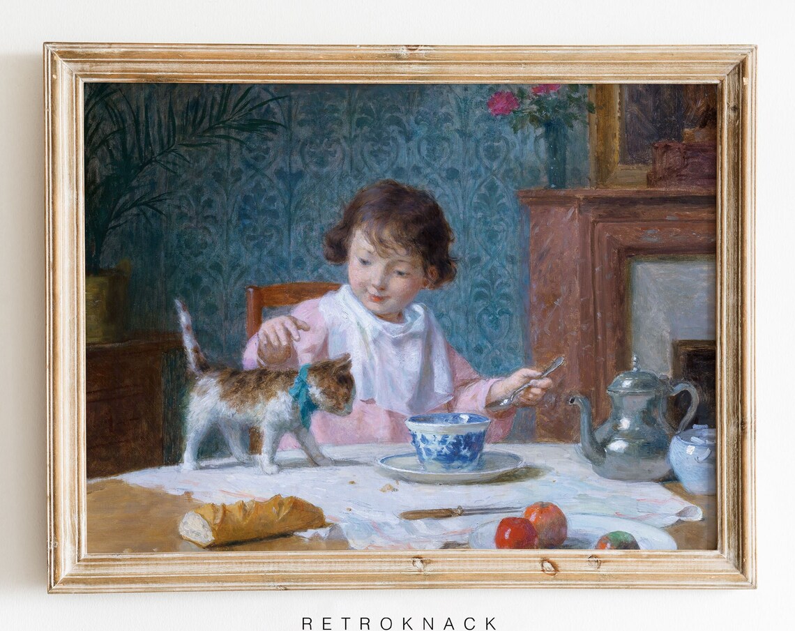 Little Girl Cat Wall Art French Antique Oil Painting Print Farmhouse Decor Pt20 - Image 3