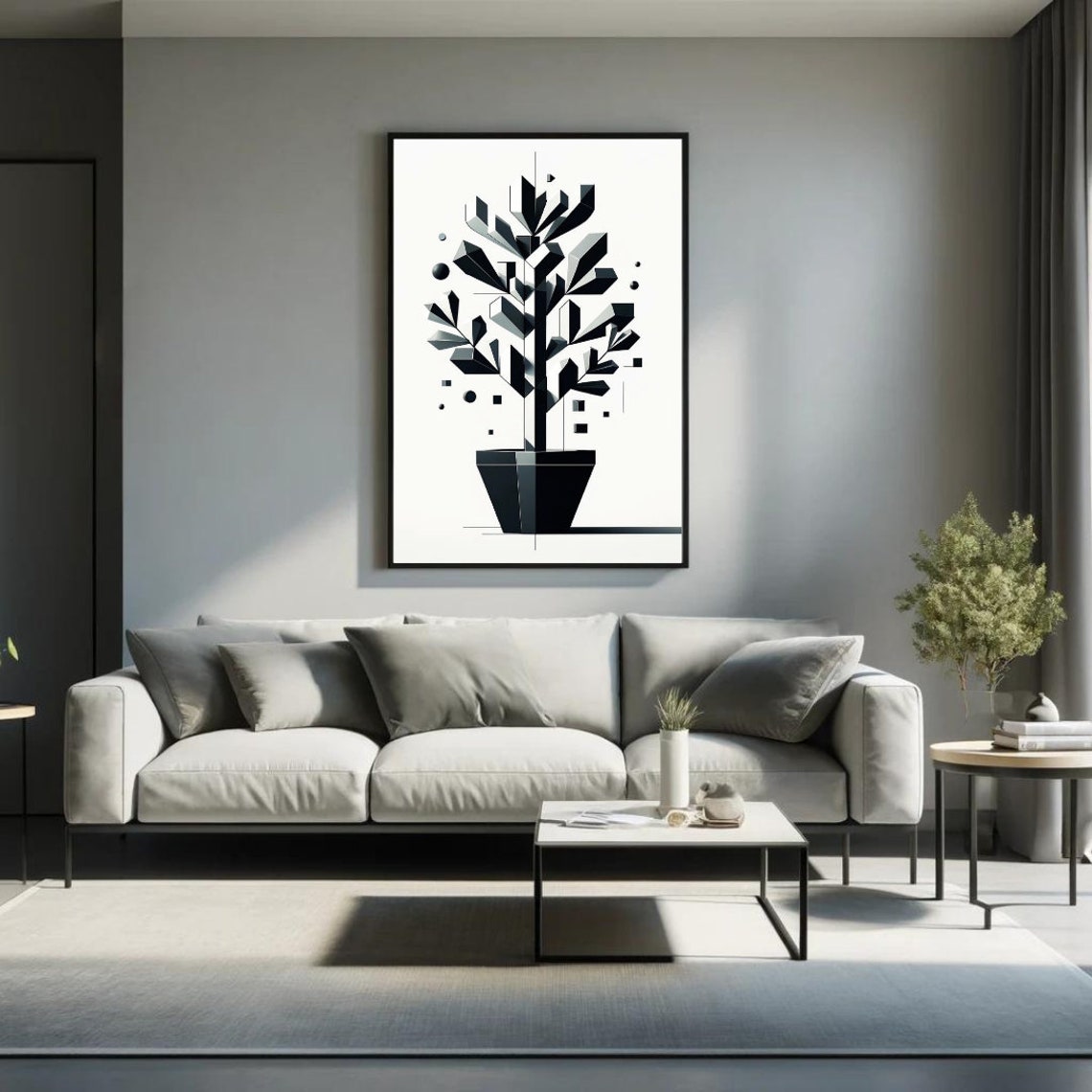 Monochrome Geometric Potted Tree Art Sleek Black And White Abstract Decor Minimalist Tree Design Print For Modern Spaces - Image 5