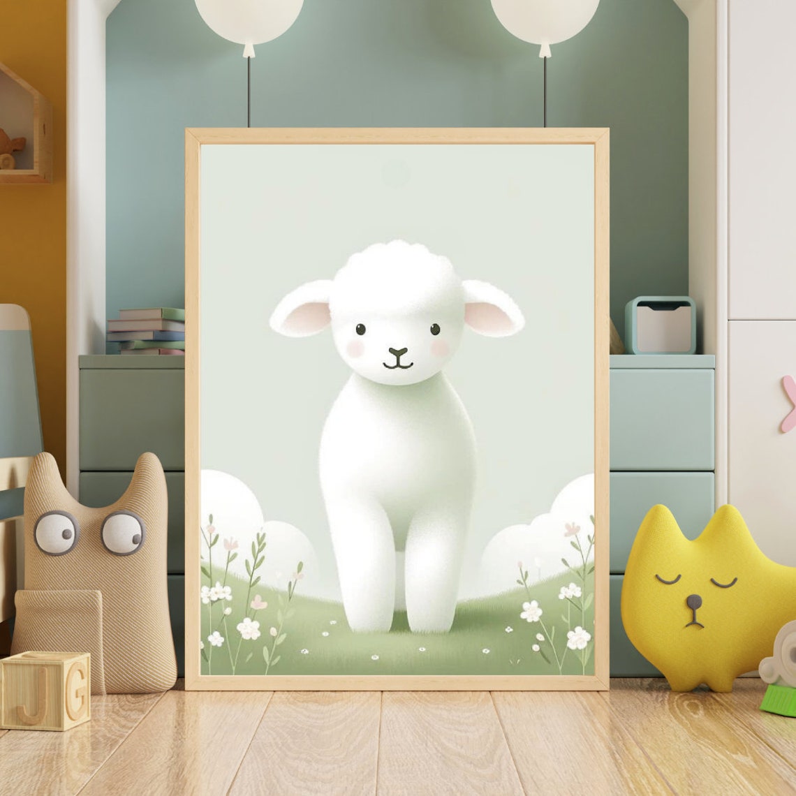 Fluffy White Lamb Flower Meadow Soft Pastel Nursery Wall Poster - Image 5