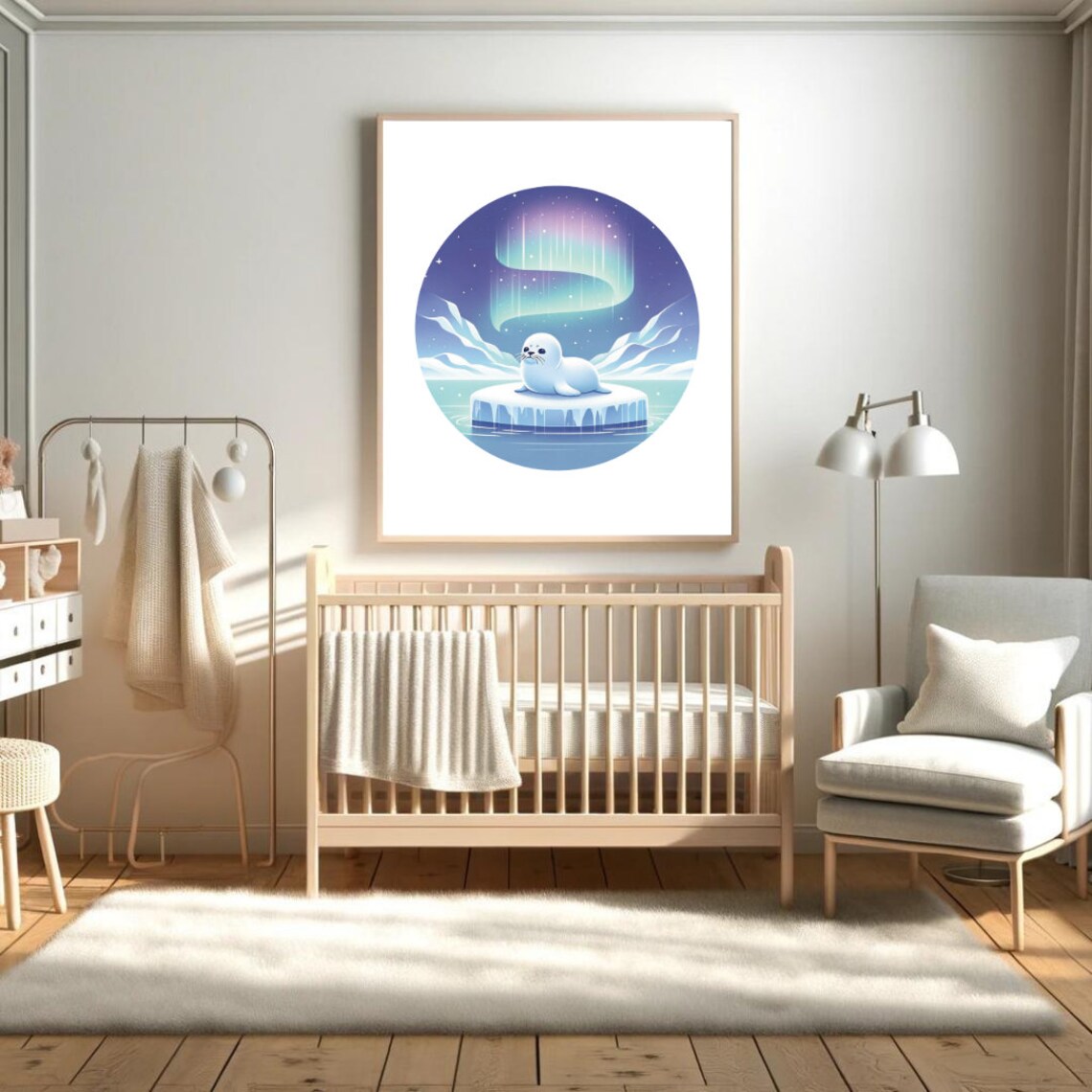 Baby Seal Aurora Northern Lights Arctic Ice Floe Night Kids Wall Art - Image 4