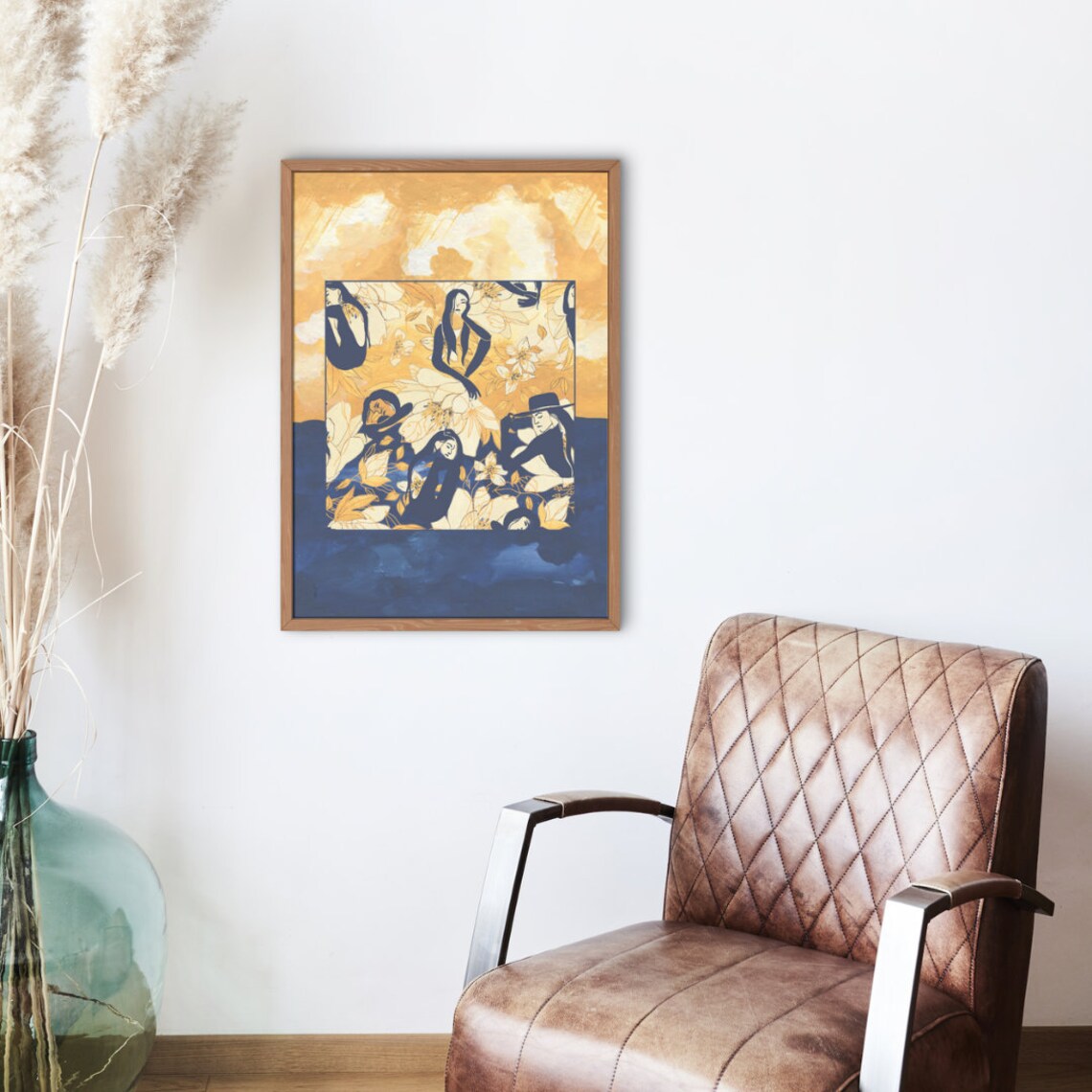Elegant Navy And Gold Women Among Golden Blooms Contemporary Art Print - Image 2