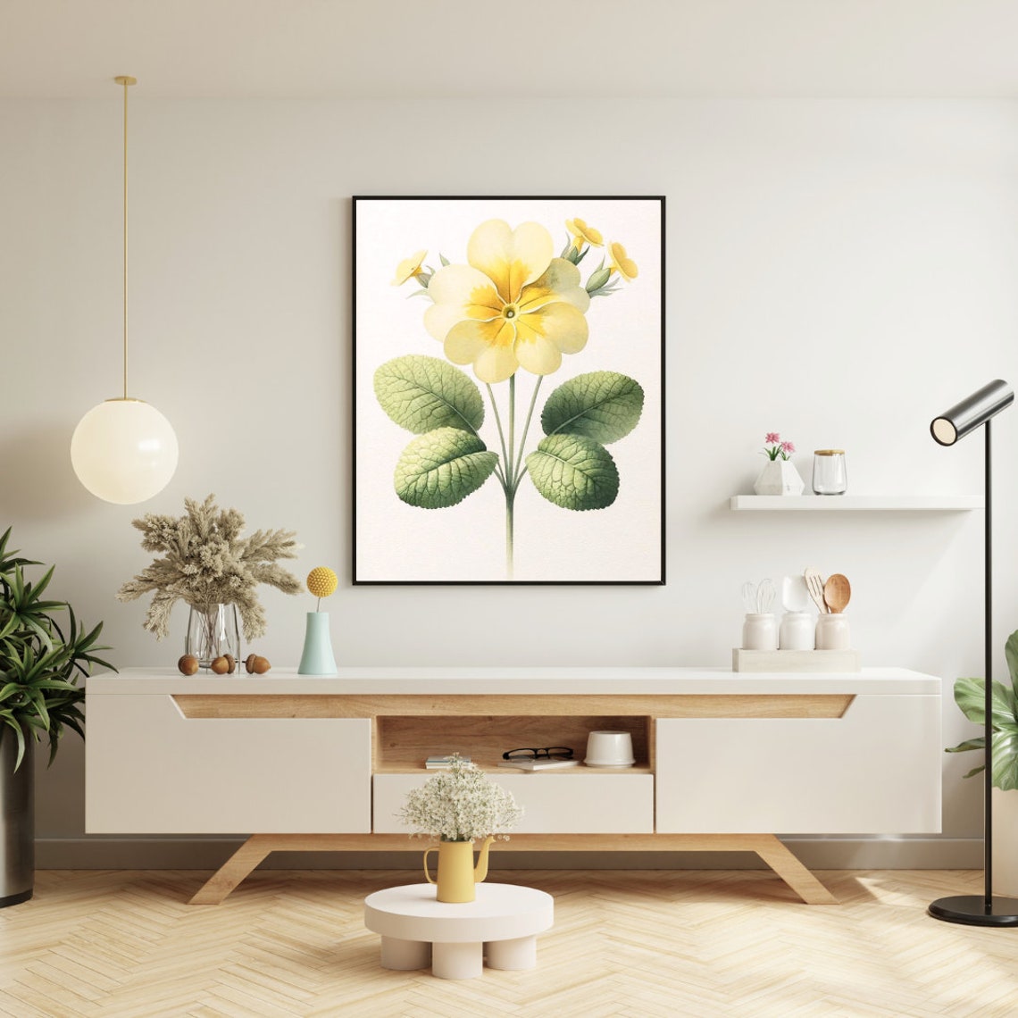 Yellow Primrose Blooms Green Leaves Botanical Watercolor Poster