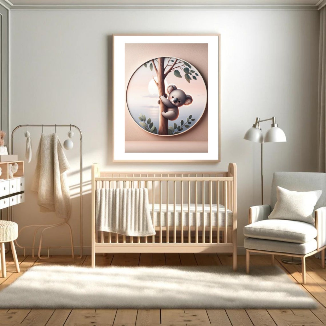 Koala Climbing Eucalyptus Tree Sunset Nursery Warm Illustration Poster - Image 4
