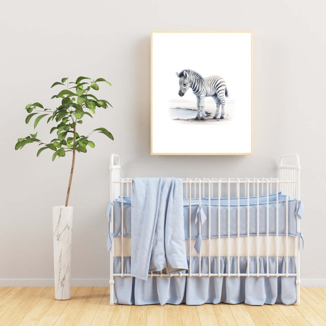 Baby Zebra Foal Waterhole Gentle Watercolor Safari Nursery Wall Art