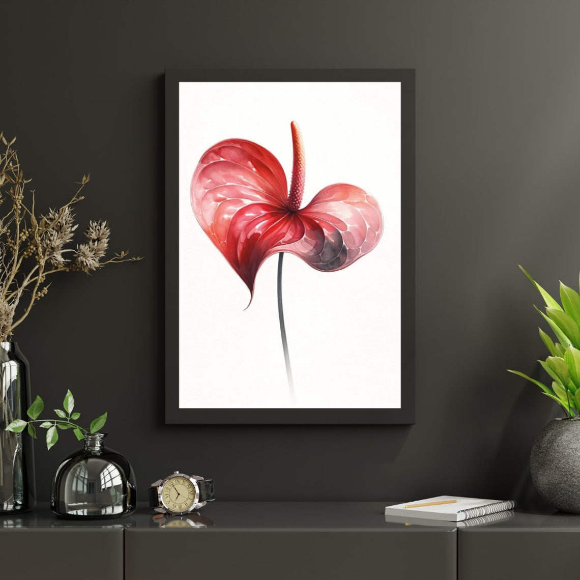 Lustrous Red Anthurium Watercolor Art Exotic And Bold Floral Print For A Striking Home Accent