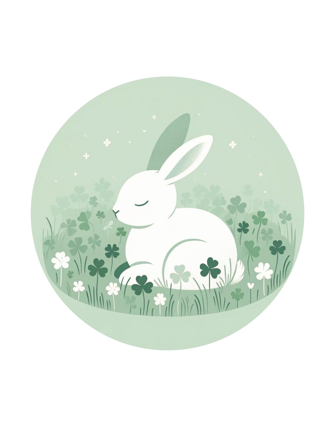 White Bunny Clover Field Soft Green Nursery Rabbit Illustration Wall Art - Image 3