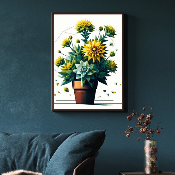 Vibrant Geometric Succulent Bloom Art Print Striking Modern Decor With Bright Yellow Accents Perfect For A Contemporary Space