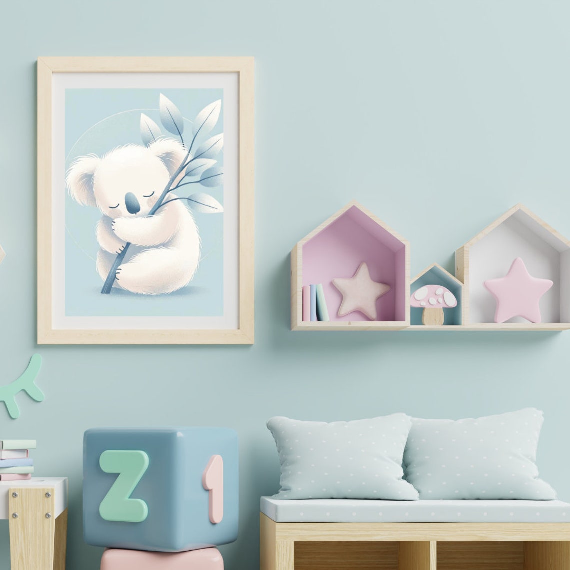 Sleeping Koala Hugging Eucalyptus Branch Blue Nursery Wall Poster