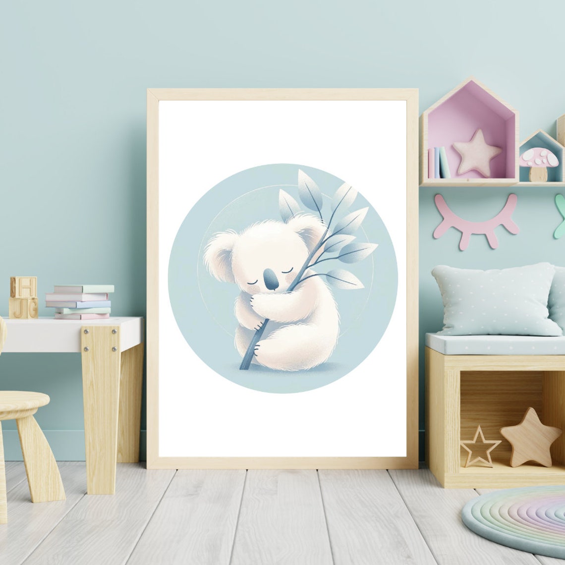Sleeping Koala Hugging Eucalyptus Branch Blue Nursery Wall Poster - Image 2