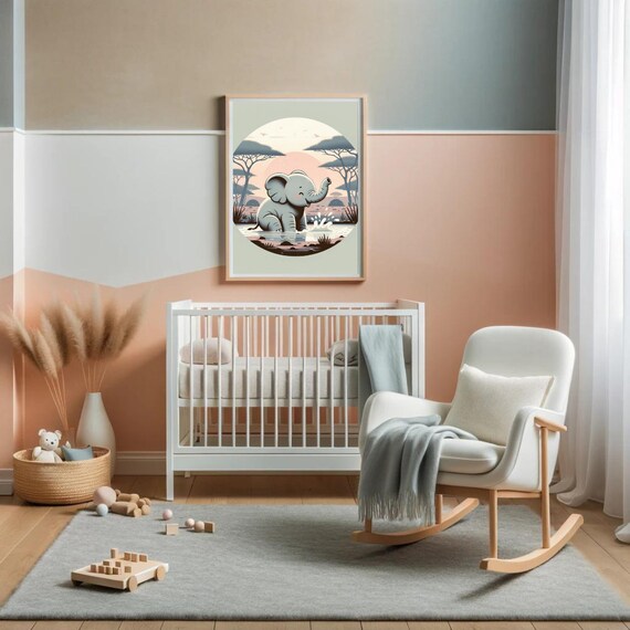 Baby Elephant Splashing Waterhole Safari Circle Acacia Nursery Print