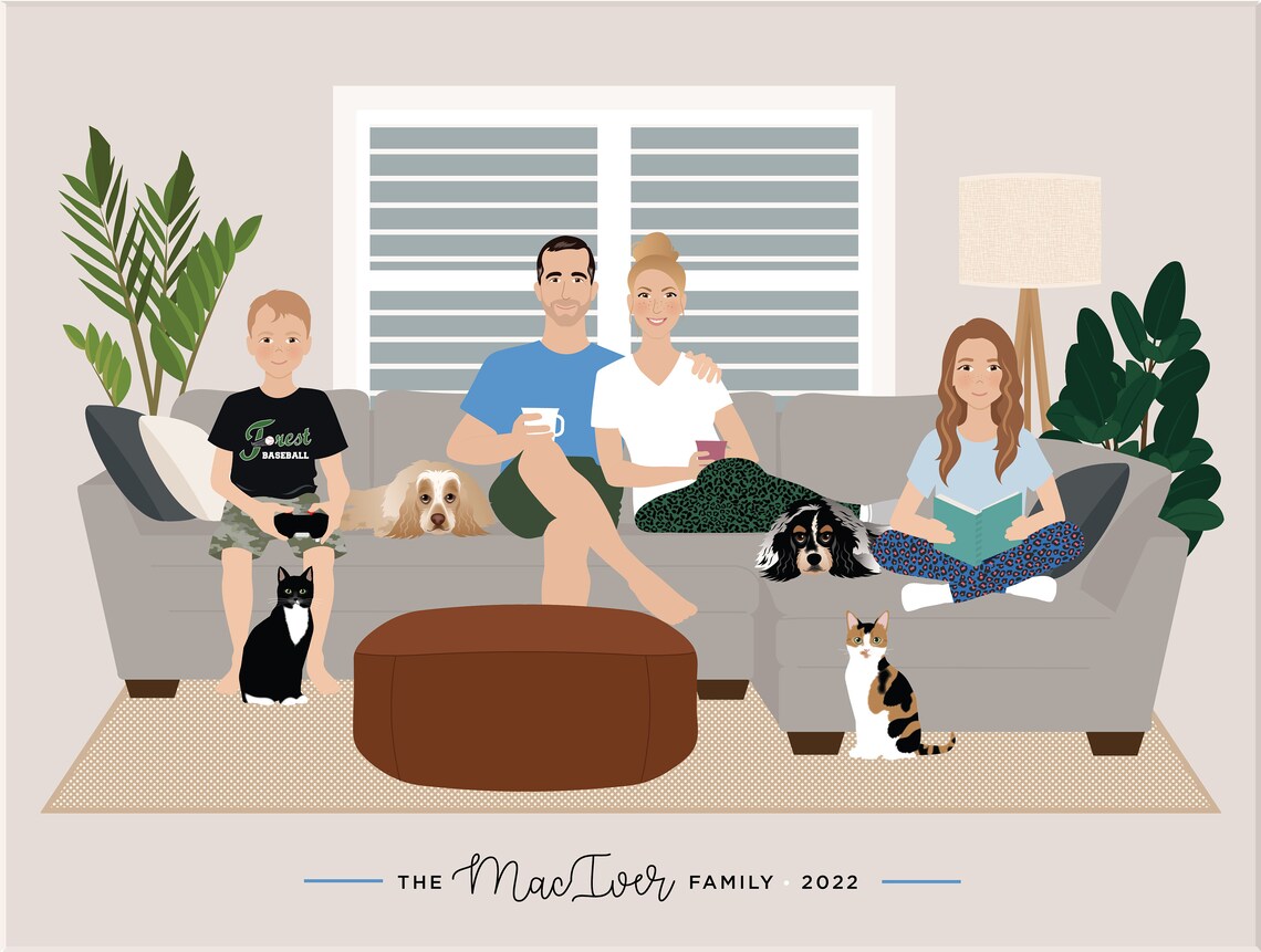 Family Illustration, Hand Drawn Portrait With Pets - Image 4