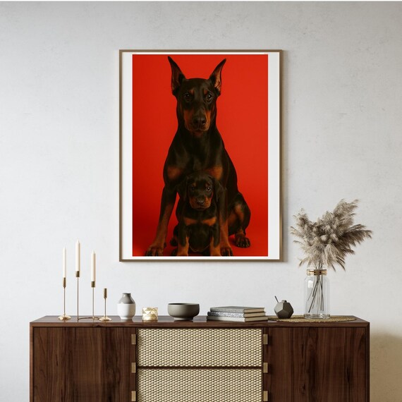 Doberman And Puppy Portrait Red Background Cute Dog Duo Poster