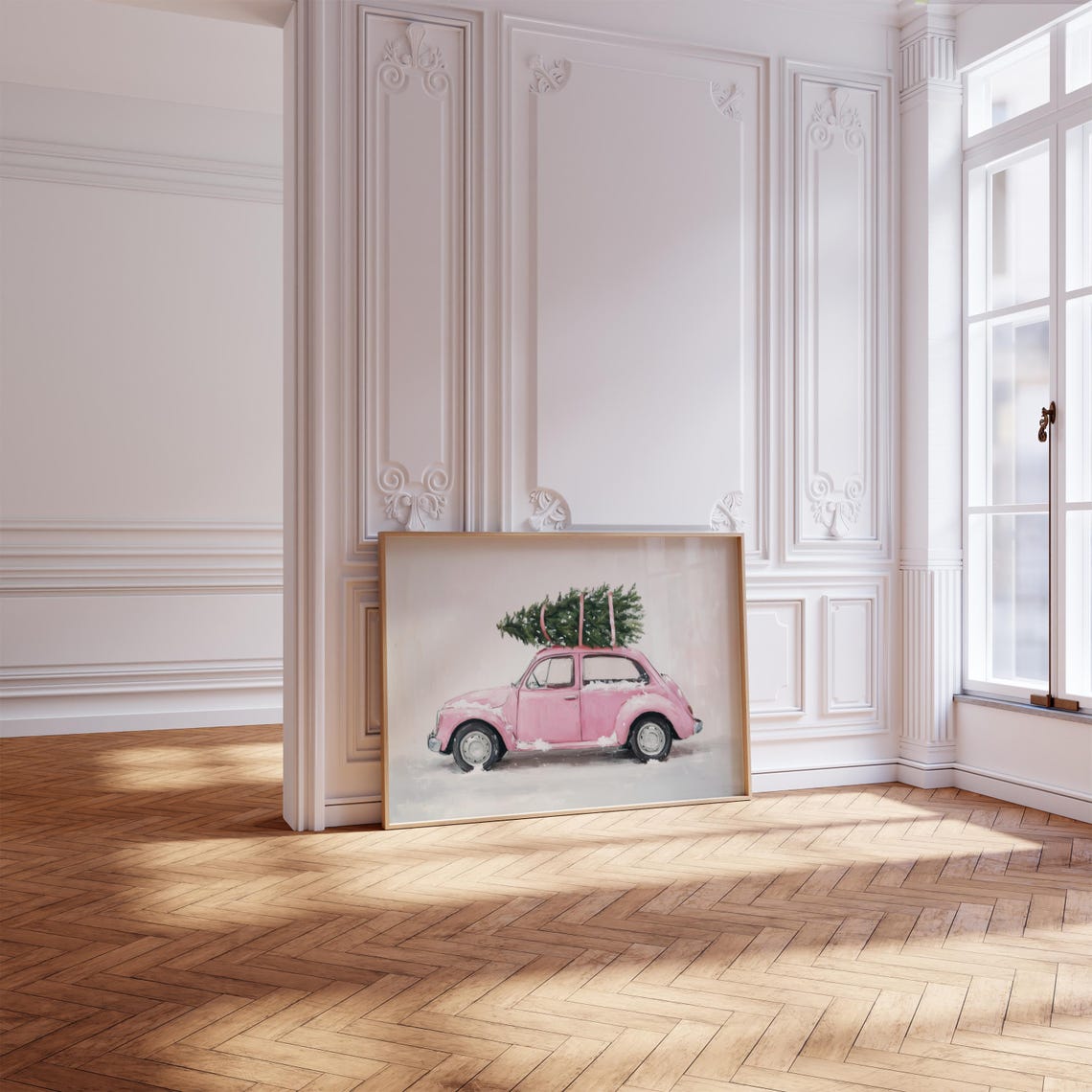 Pink Vintage VW Beetle Carrying a Christmas Tree in Snow Poster - Image 3