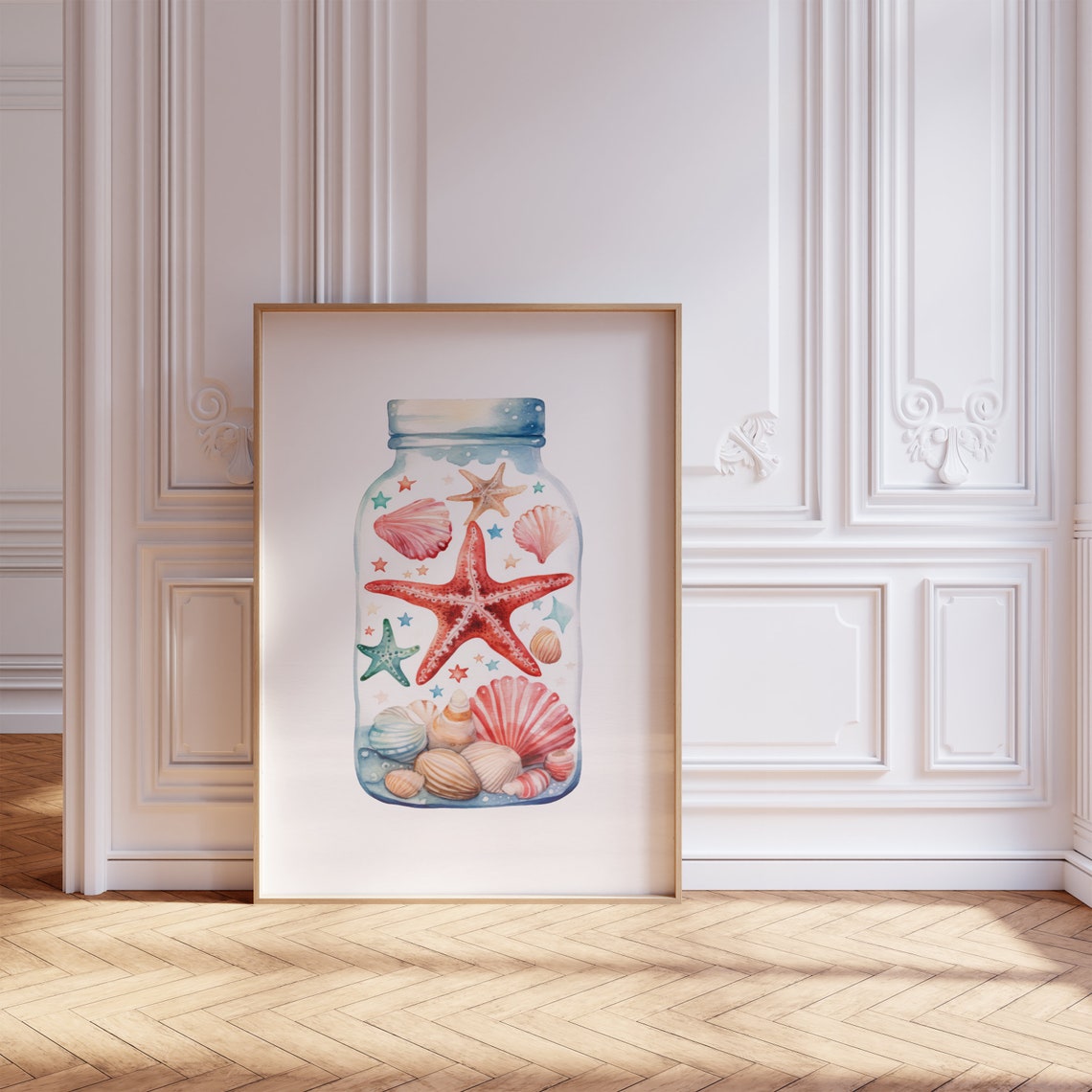 Watercolor Seashell Jar with Red Starfish Coastal Beach Wall Art - Image 2