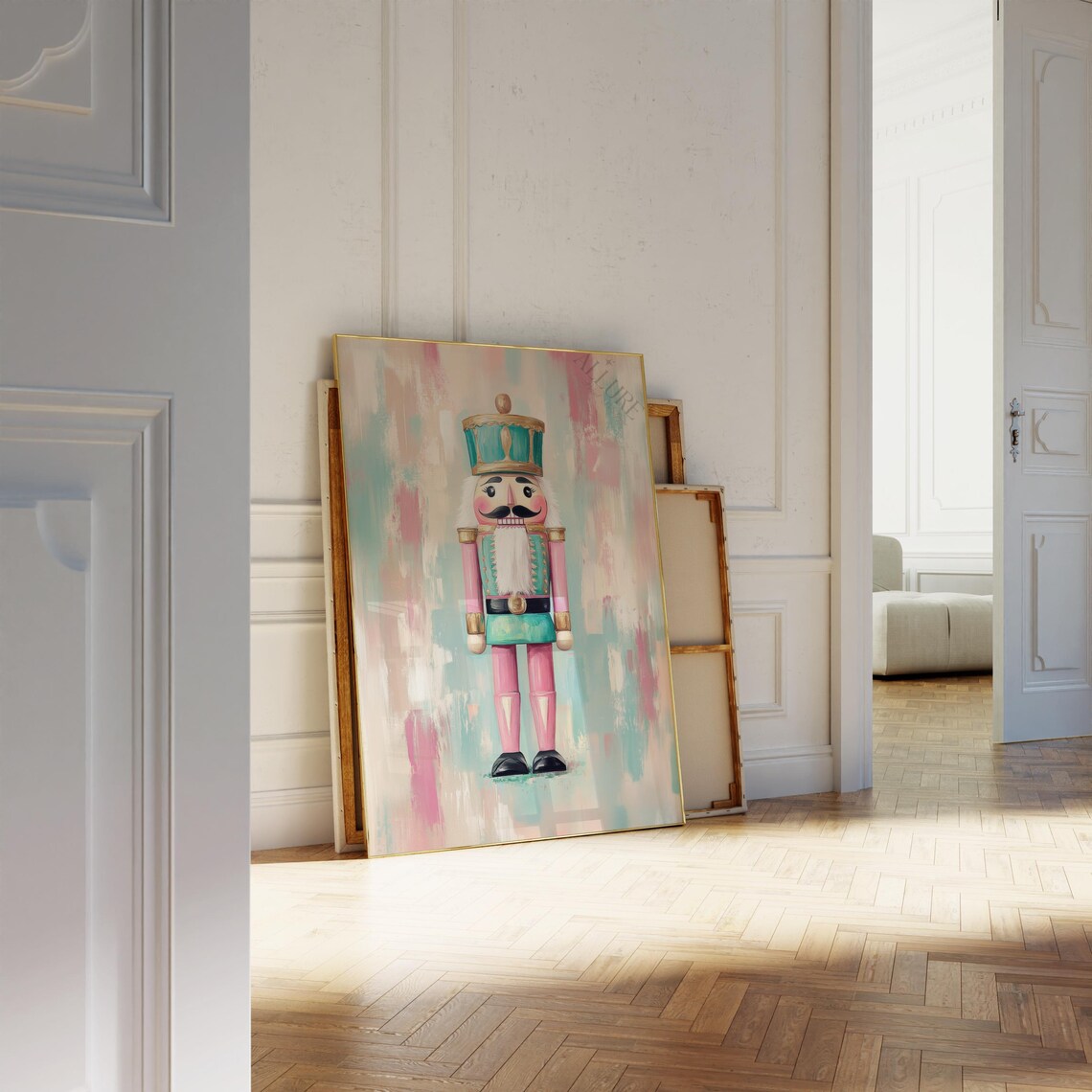 Pastel Pink and Teal Nutcracker Soldier Christmas Painting Poster - Image 4