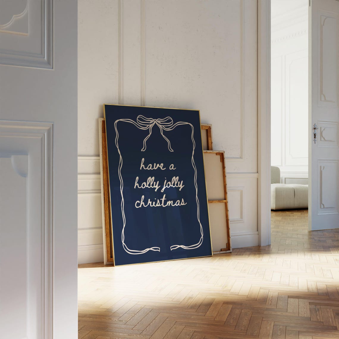 Have a Holly Jolly Christmas Navy Blue Coquette Bow Typography Poster - Image 3