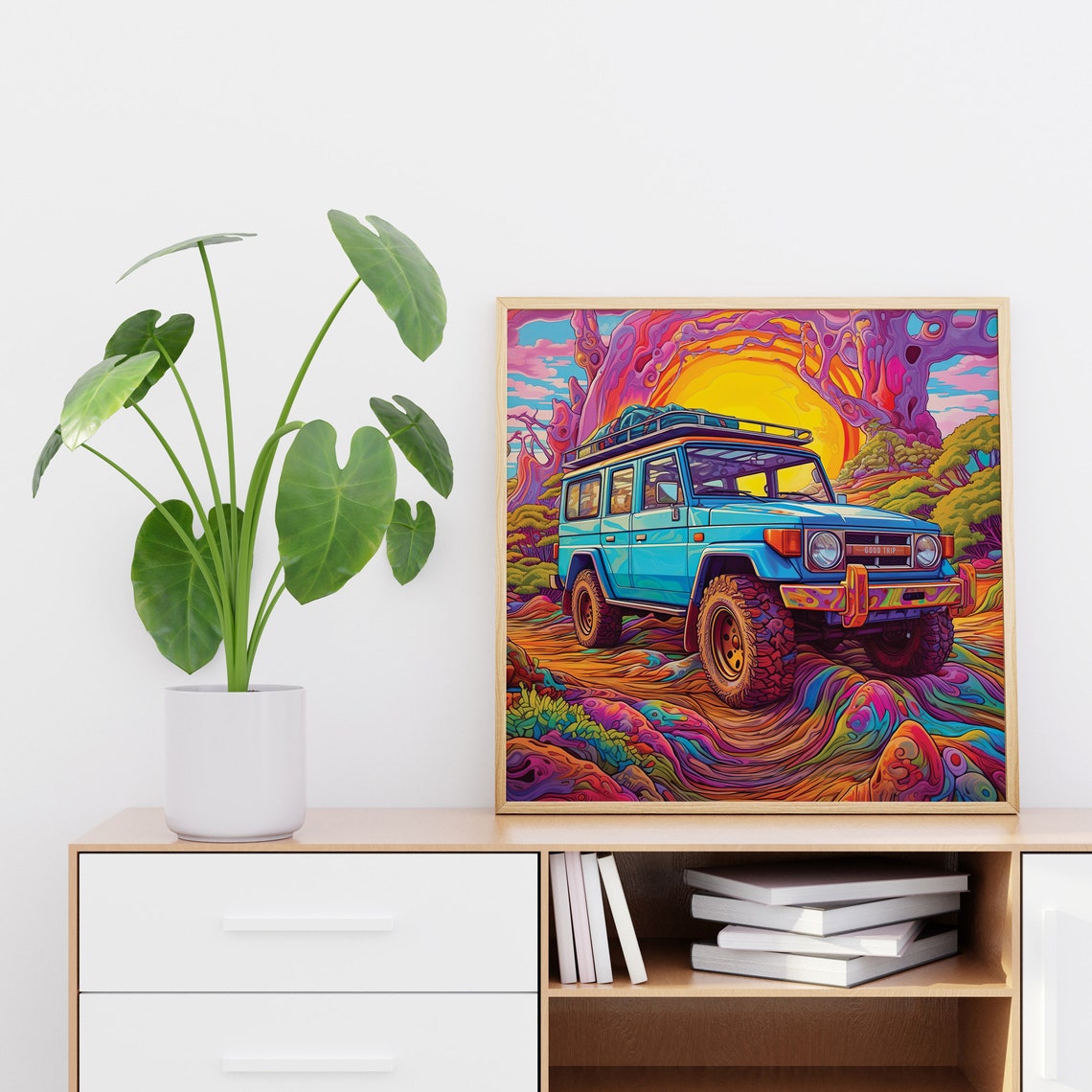 Blue 4x4 SUV Psychedelic Sunset Good Trip Road Adventure Poster - Image 3