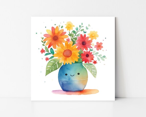 Cute Watercolor Vase With Flowers Thin Watercolor Flowers In A Pot Printed On Cute Wall Art Home Decoration Watercolor Art