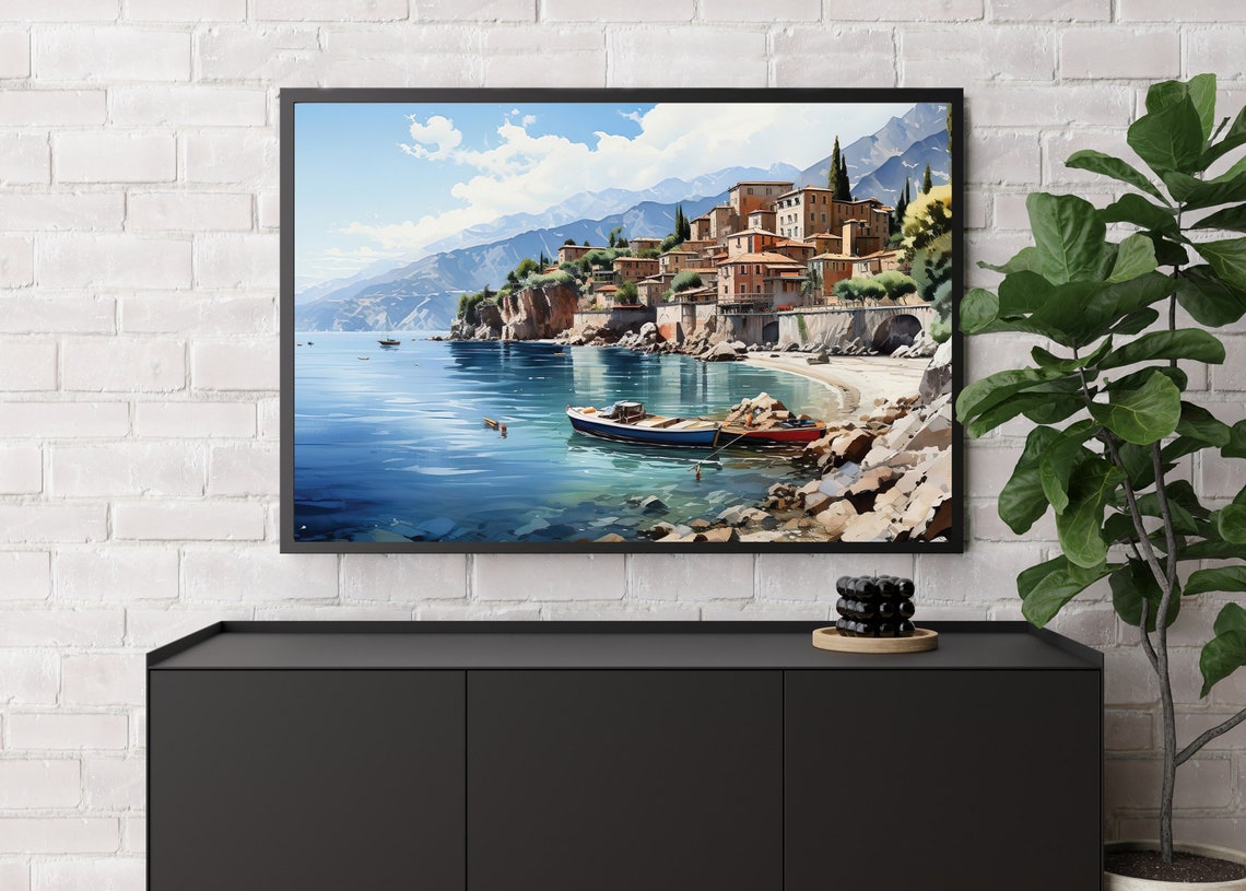 Mediterranean Coastal Town On Cliffs Boats On Blue Water Art Poster - Image 4