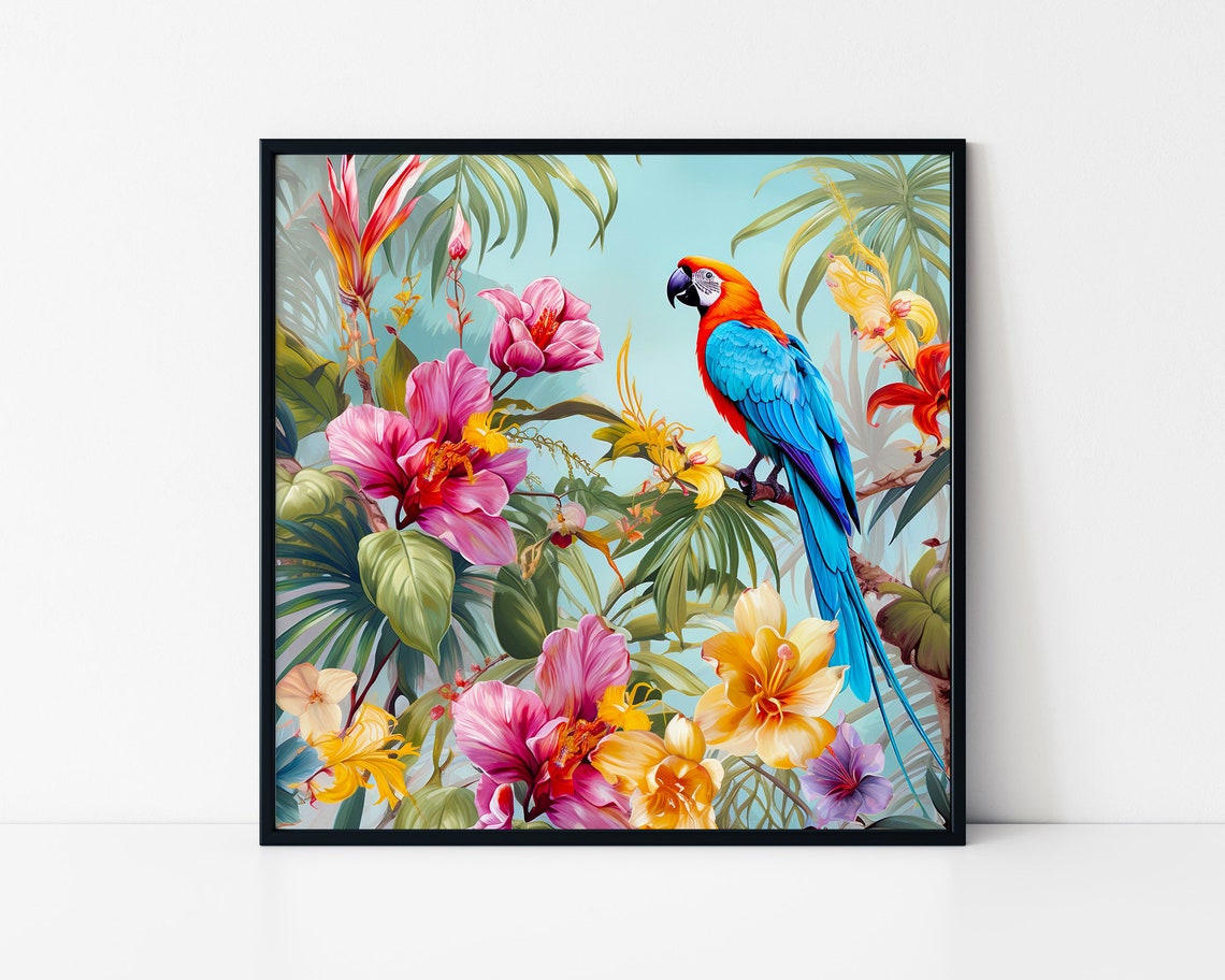 Scarlet Macaw Tropical Flowers Lush Parrot Paradise Garden Poster