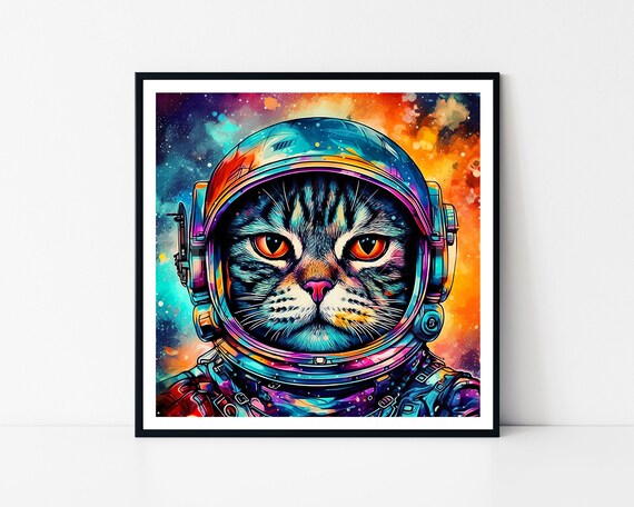 Cat Astronaut In Space Helmet Colorful Psychedelic Tabby Art Poster