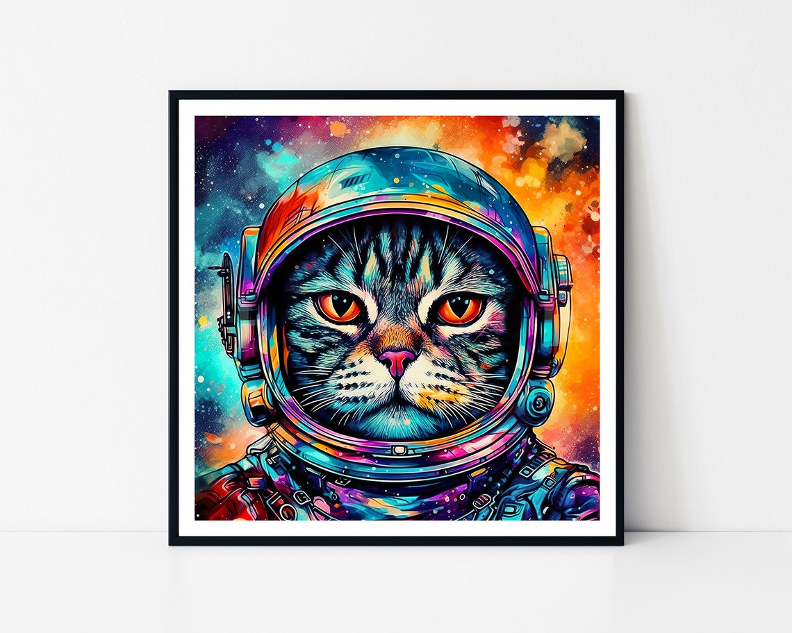 Cat Astronaut In Space Helmet Colorful Psychedelic Tabby Art Poster