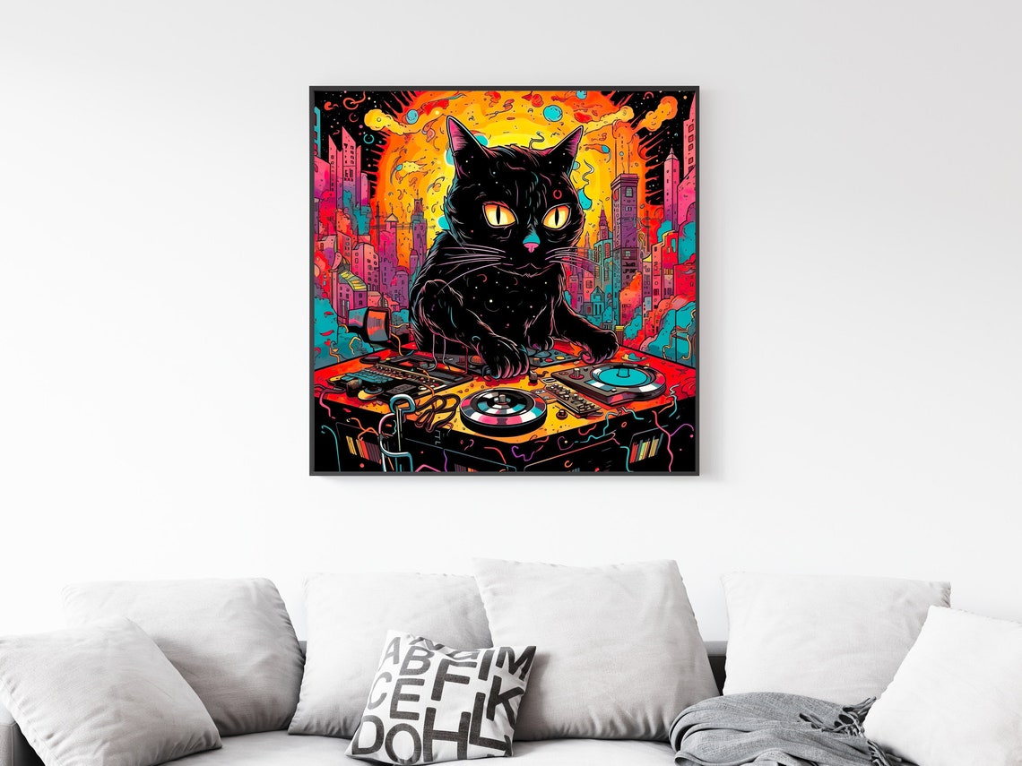 Black Cat DJ Turntables Psychedelic City Neon Music Party Poster - Image 4