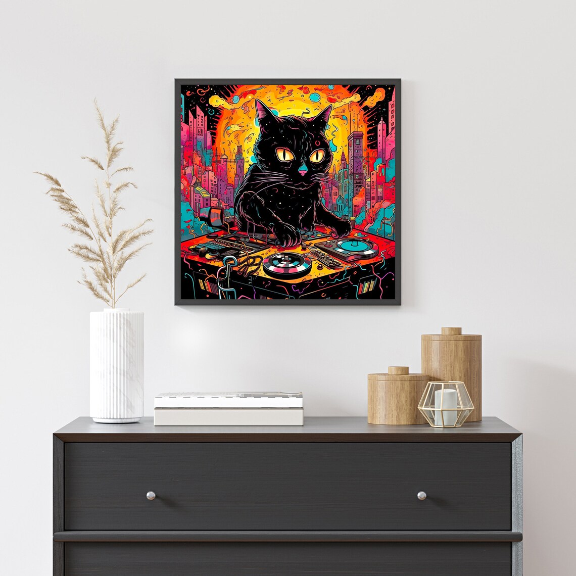 Black Cat DJ Turntables Psychedelic City Neon Music Party Poster - Image 3