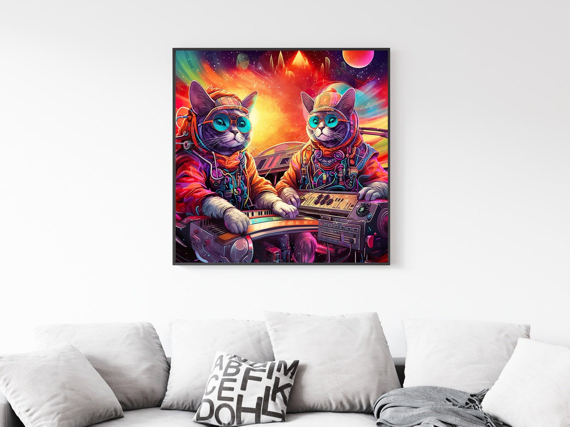 Astronaut Cats DJ Space Cosmic Kitty Music Party Fun Art Poster - Image 4
