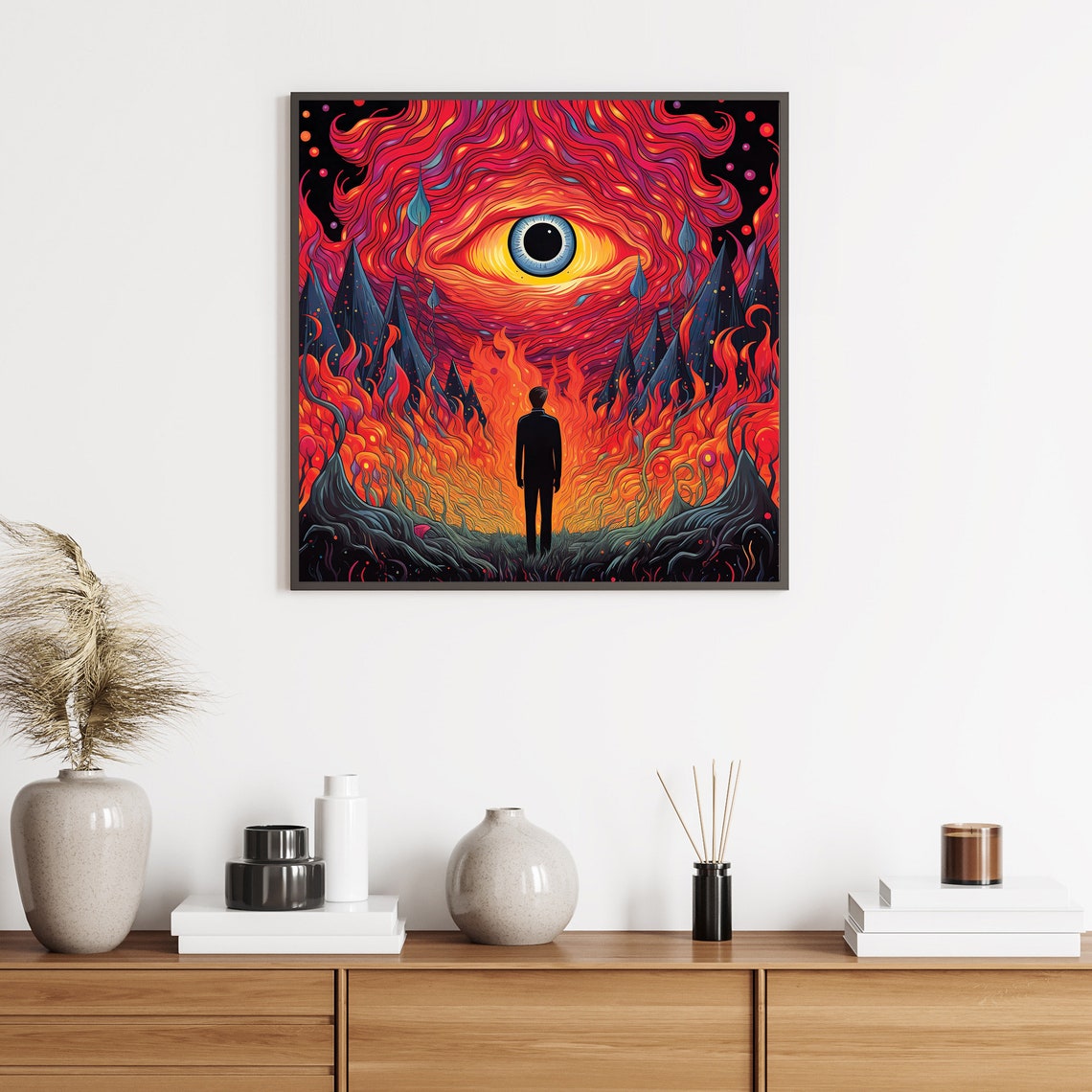 Man Standing In A Burning Psychedelic Forest Framed Poster Burning Eye Psychedelic Poster Psychedelic Wall Art Psychedelic Wildfire - Image 3