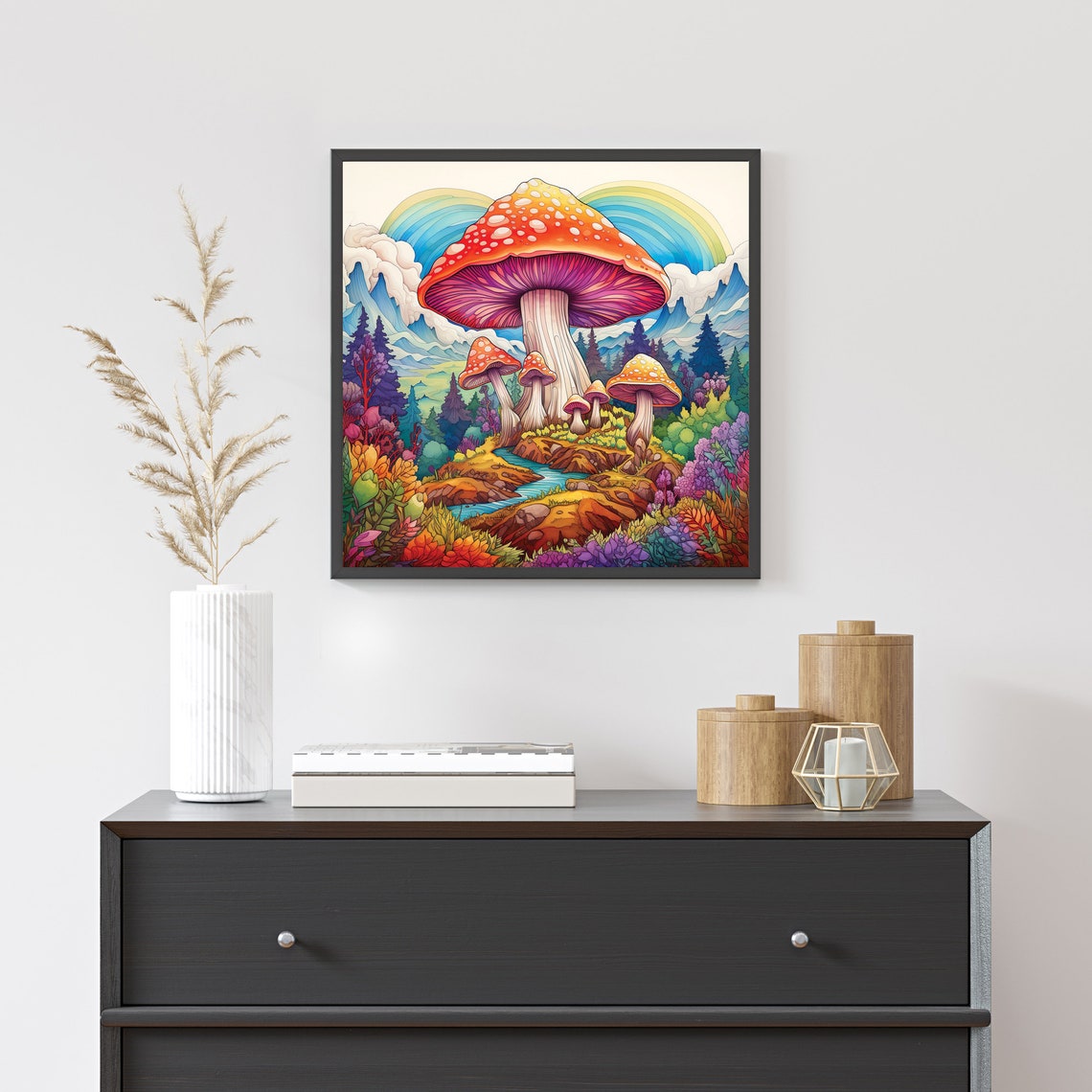 Psychedelic Giant Mushroom Rainbow Mountain Trippy Forest Poster - Image 3