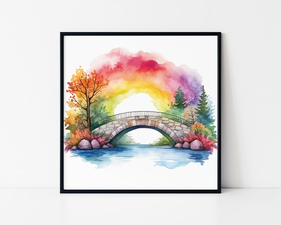 Watercolor Painting Of A Bridge And Rainbow Framed Poster Wall Art Rainbow Bridge Painting Wall Hanging Beautiful Rainbow And Bridge