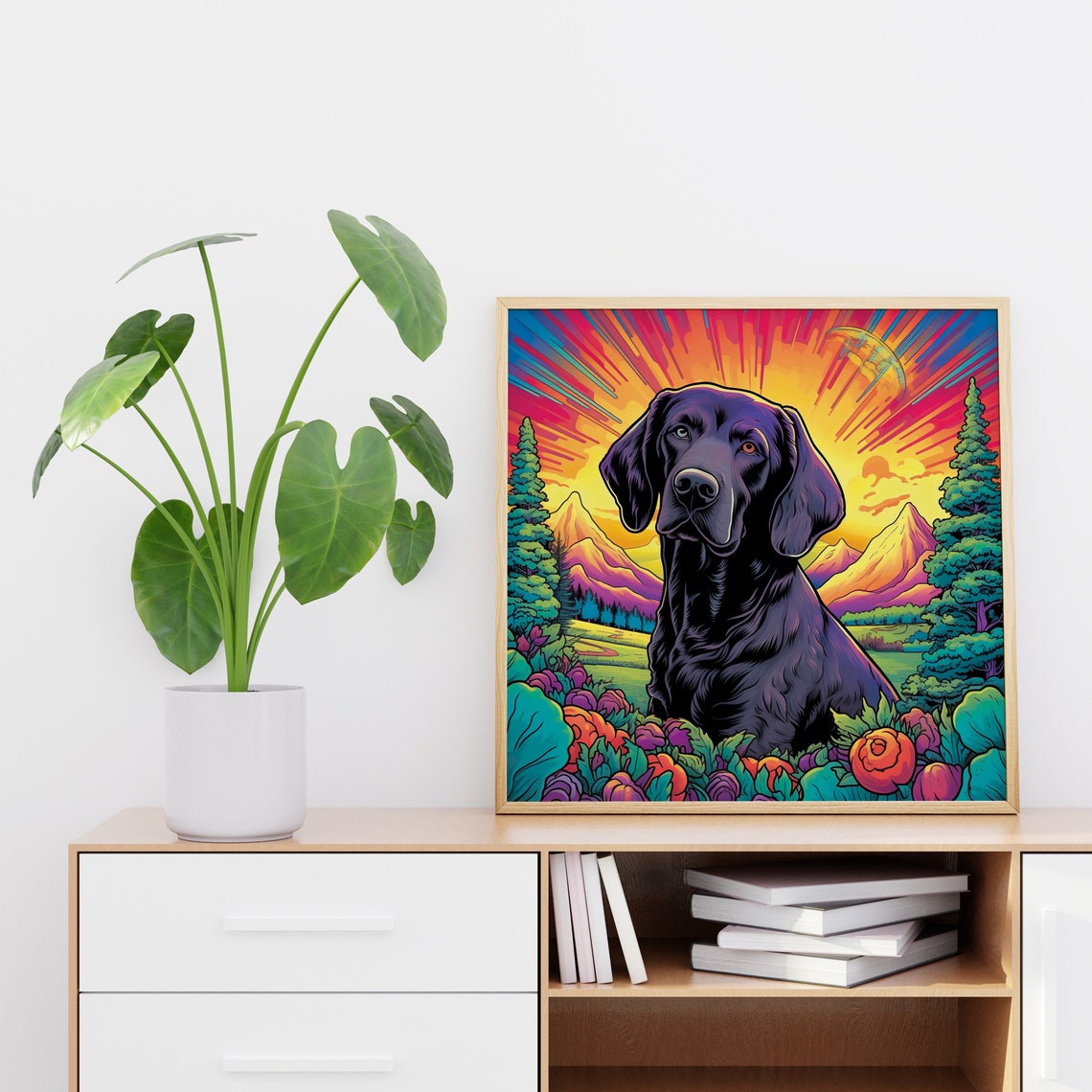 Black Labrador Sunset Mountains Psychedelic Dog Meadow Art Poster - Image 4