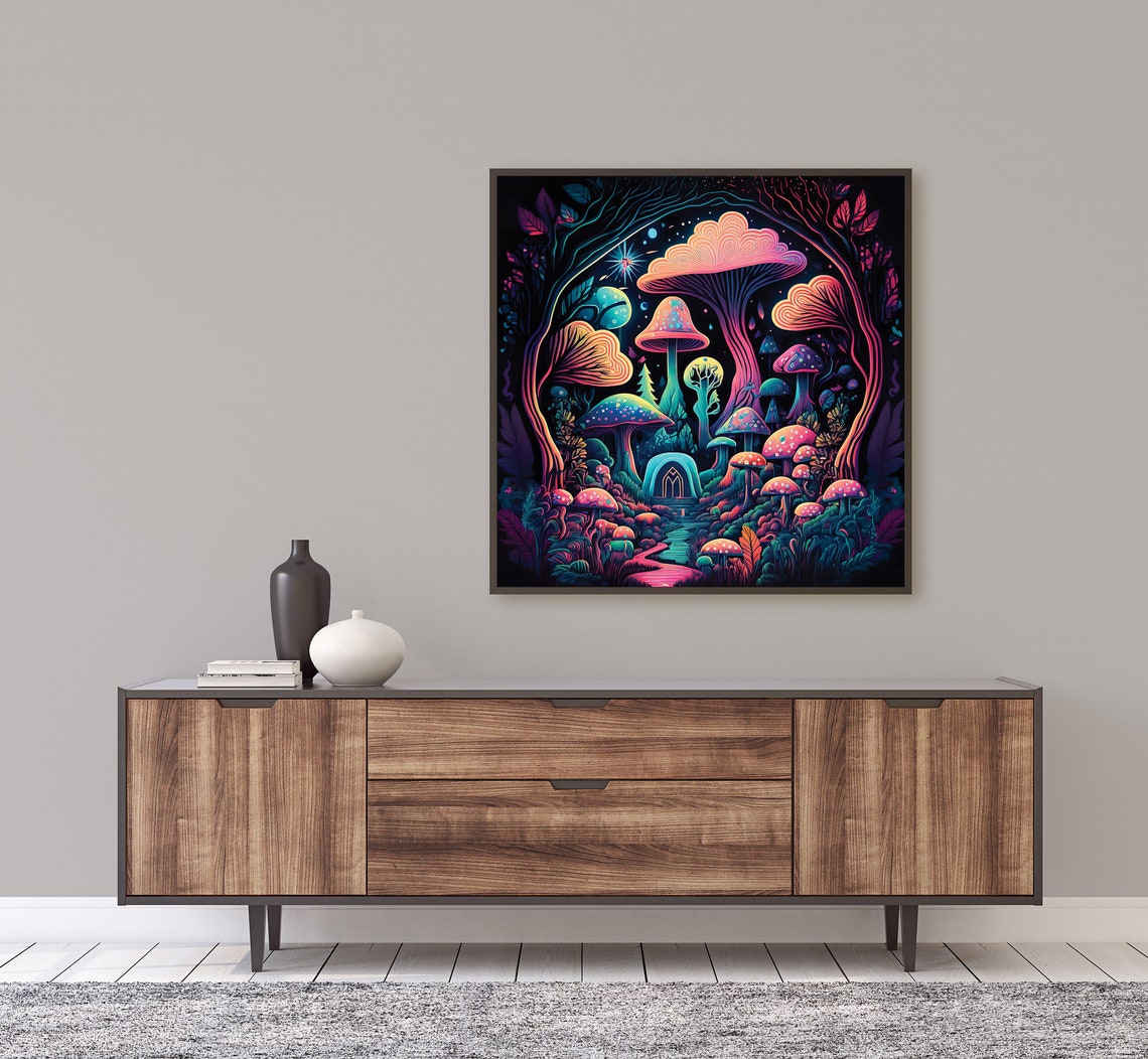 Neon Psychedelic Mushroom Forest With Tiny Door Fantasy Art Poster - Image 4