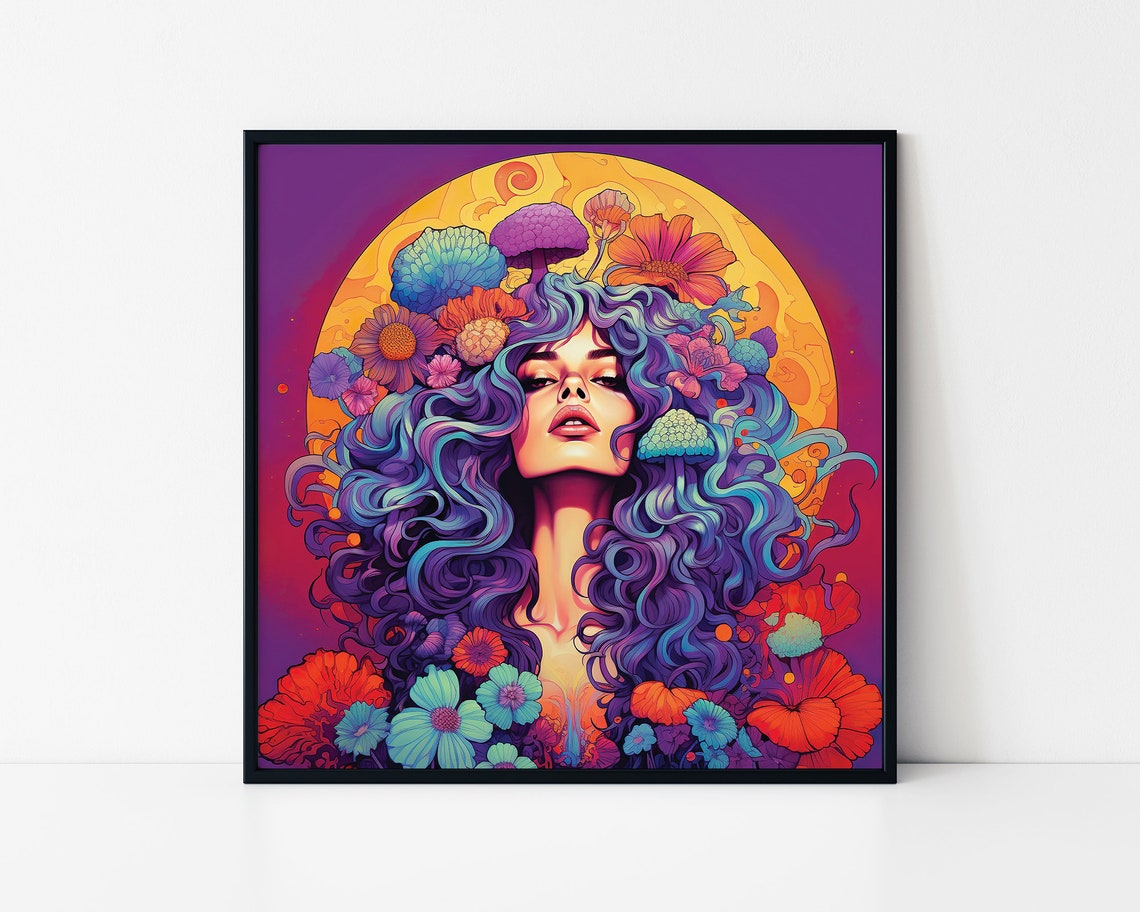 Hippie Moon Goddess Blue Hair Flowers Mushrooms Psychedelic Wall Art