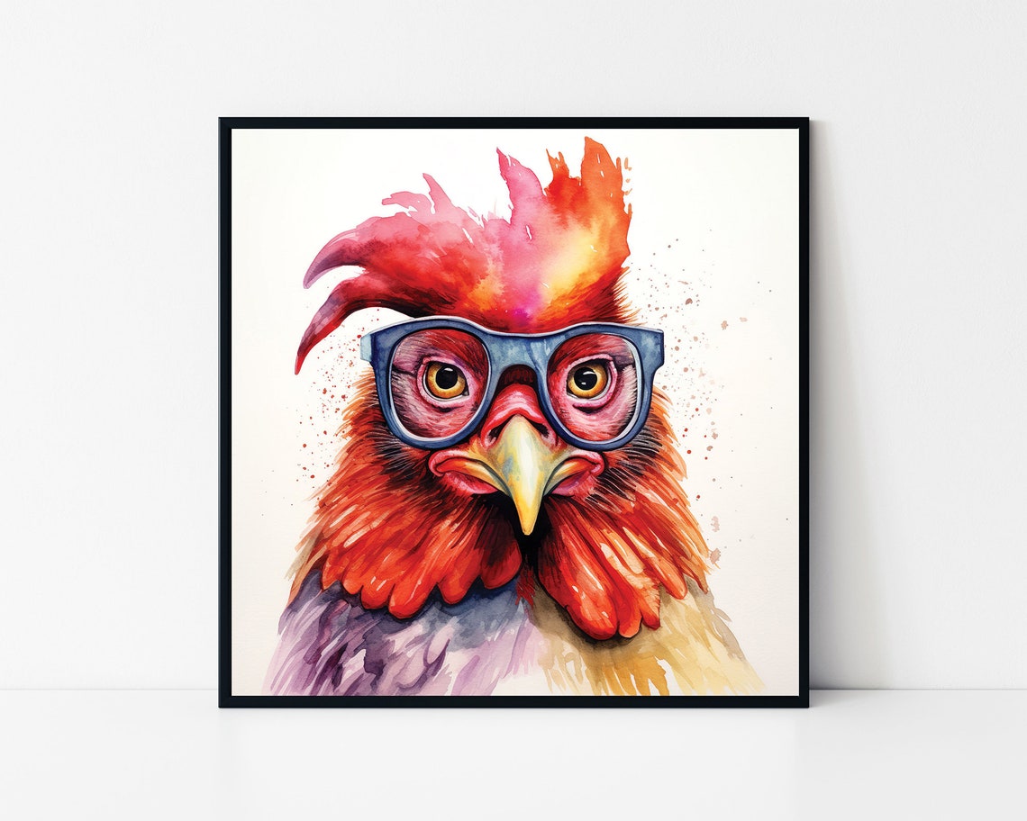 Chicken Glasses Watercolor Funny Hen Portrait Whimsical Bird Poster