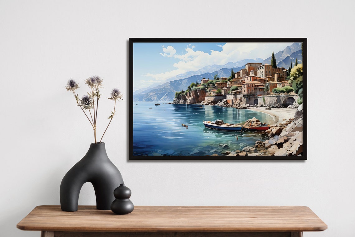 Mediterranean Coastal Town On Cliffs Boats On Blue Water Art Poster - Image 3
