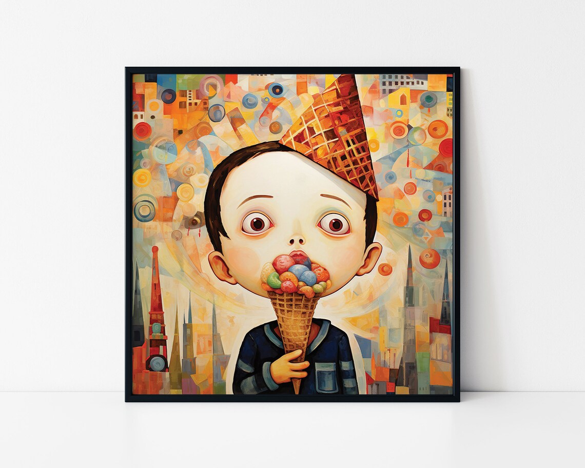 Whimsical Boy Eating Ice Cream Big Eyes Abstract City Kids Art Print