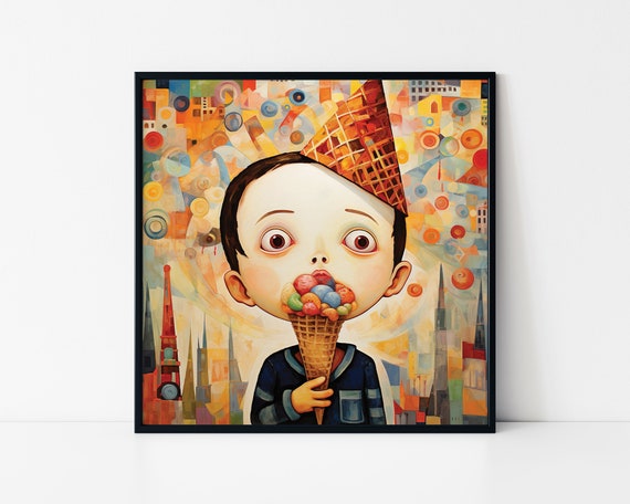 Boy Eating Big Ice Cream Illustration Framed Poster Boy Eating Ice Cream In Paul Klee Style Painting Wall Art Ice Cream Boy Wall Hanging