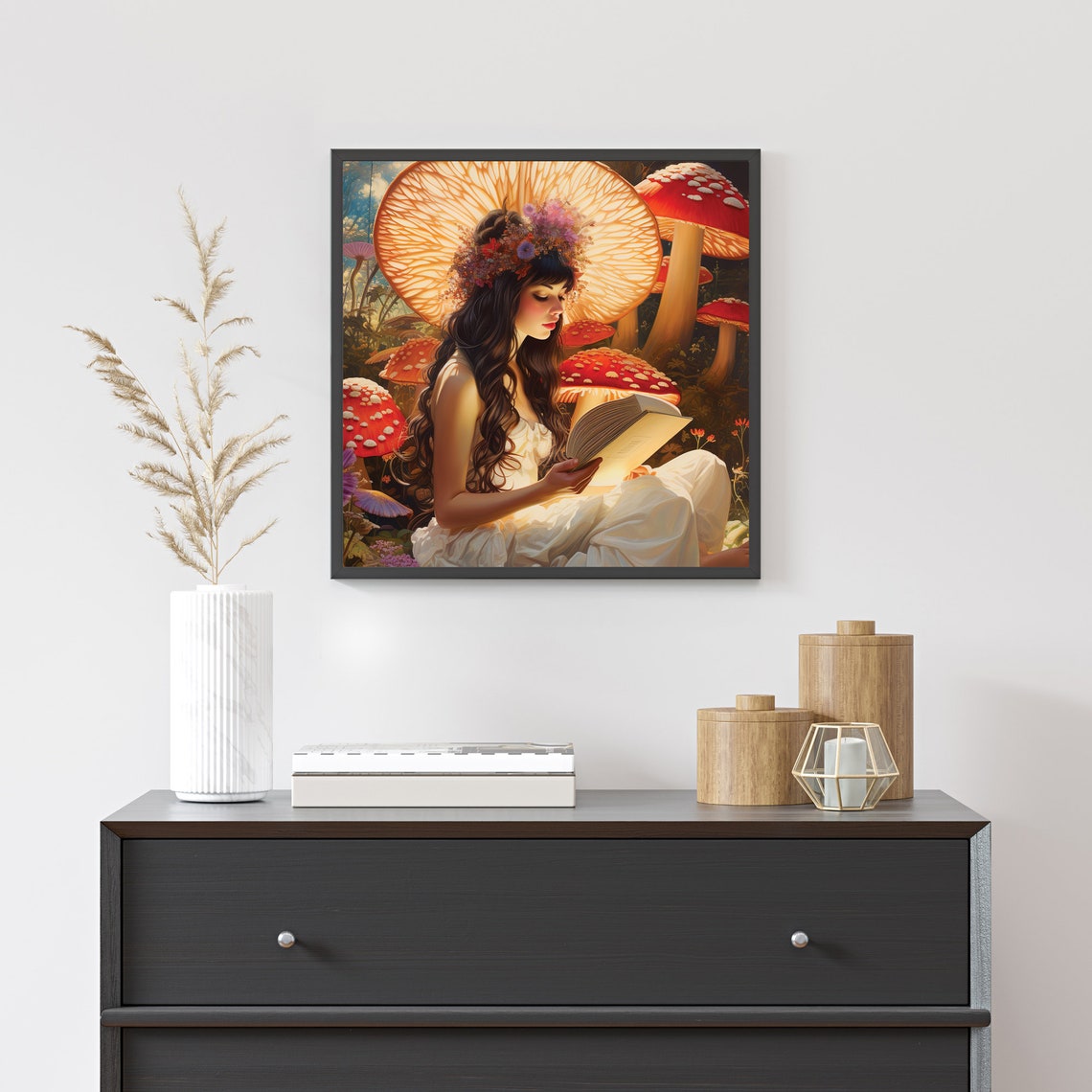 Woman Reading Book Among Giant Mushrooms Cottagecore Fantasy Poster - Image 3