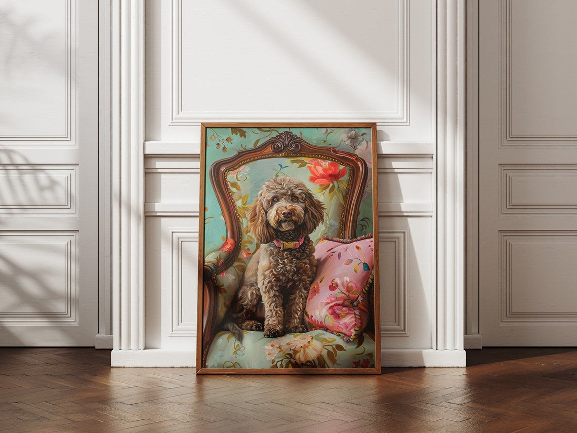 Elegant Labradoodle Sitting On An Antique Chair In Oil Painting Style Framed Poster Elegant Dog Portrait Dog Wall Art Dog Lover Gift - Image 5