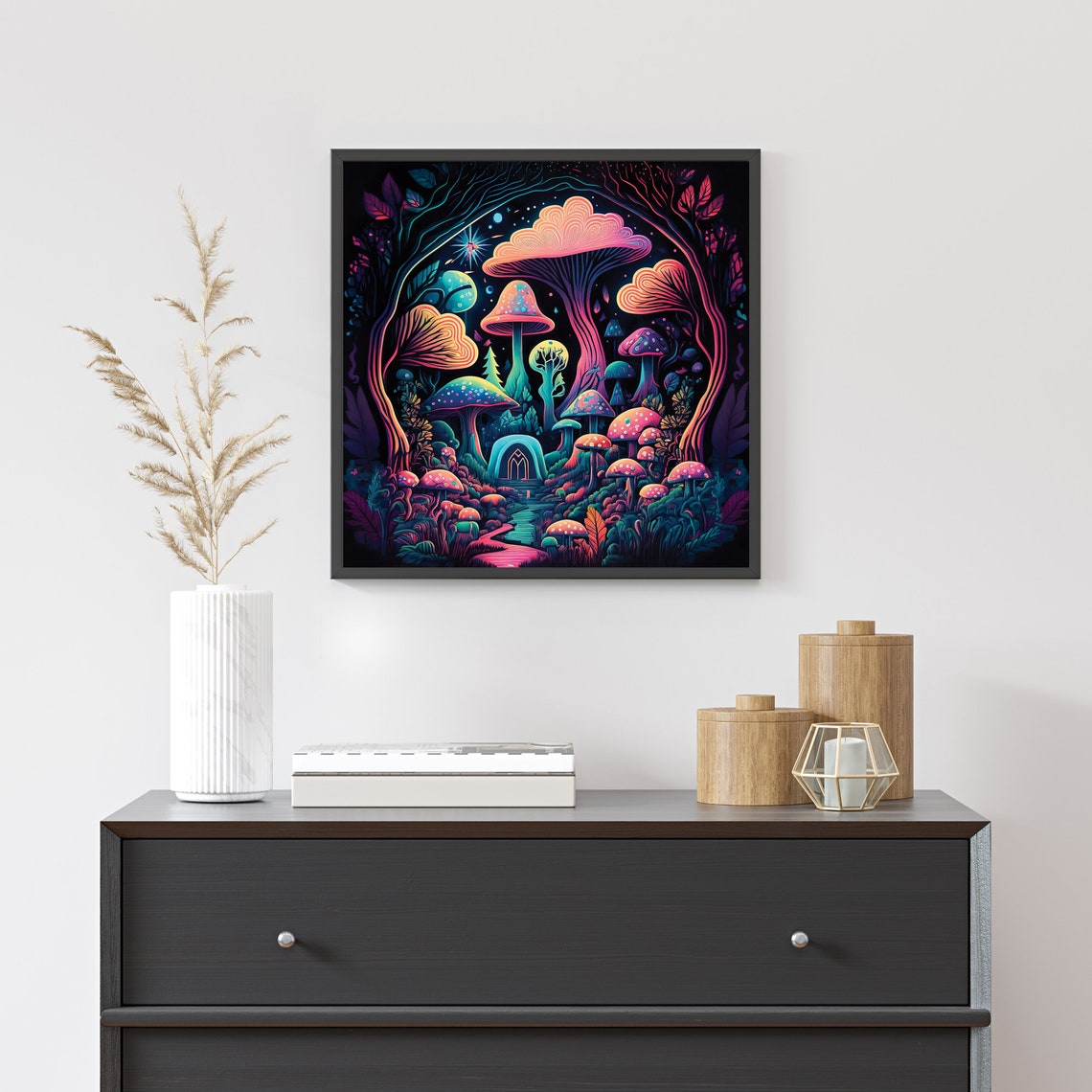Neon Psychedelic Mushroom Forest With Tiny Door Fantasy Art Poster - Image 2