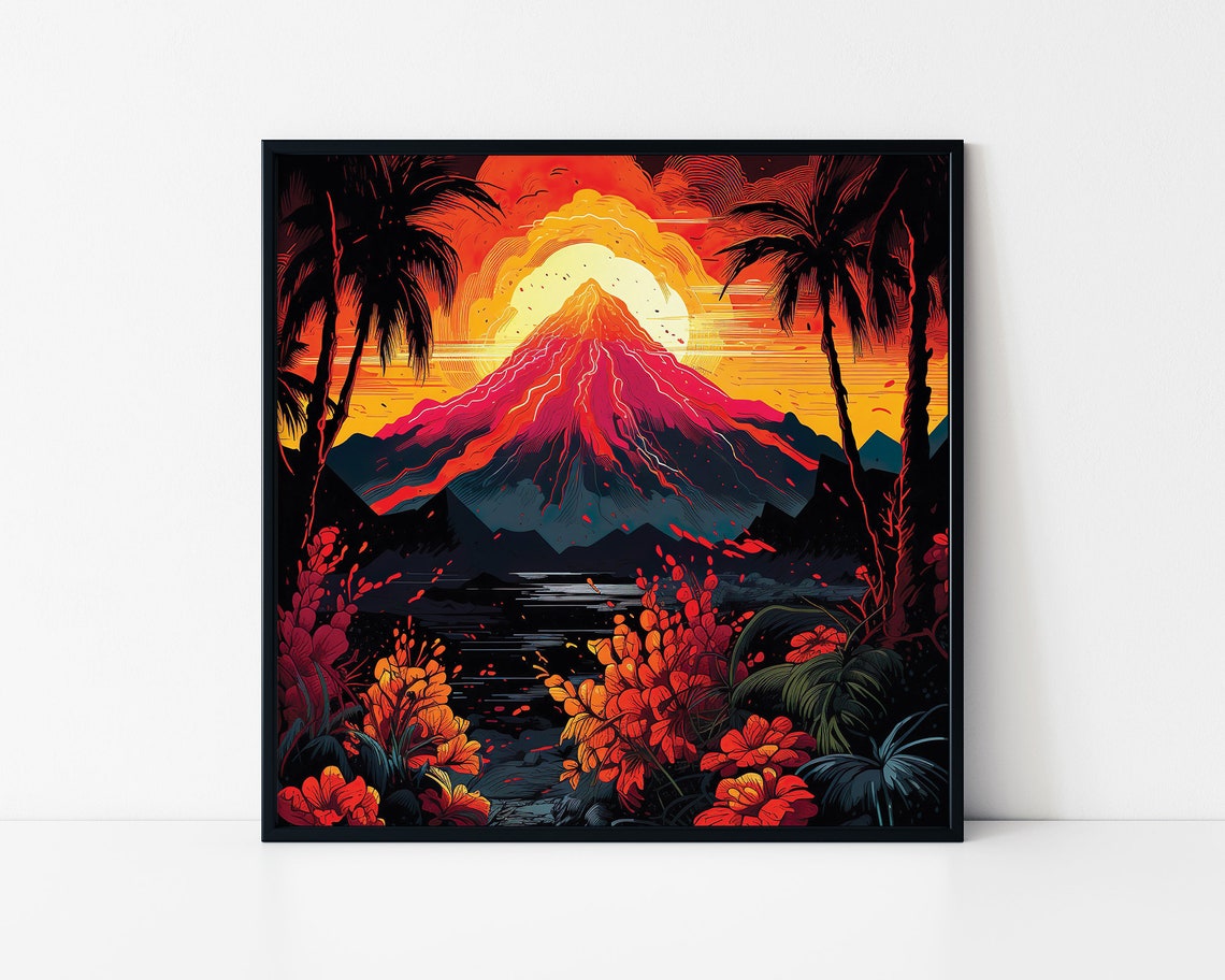 Volcano Eruption At Sunset With Palm Trees Tropical Lava Art Poster
