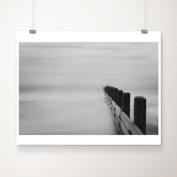 Black and White Long Exposure Beach Breakwater Coastal Fine Art Print