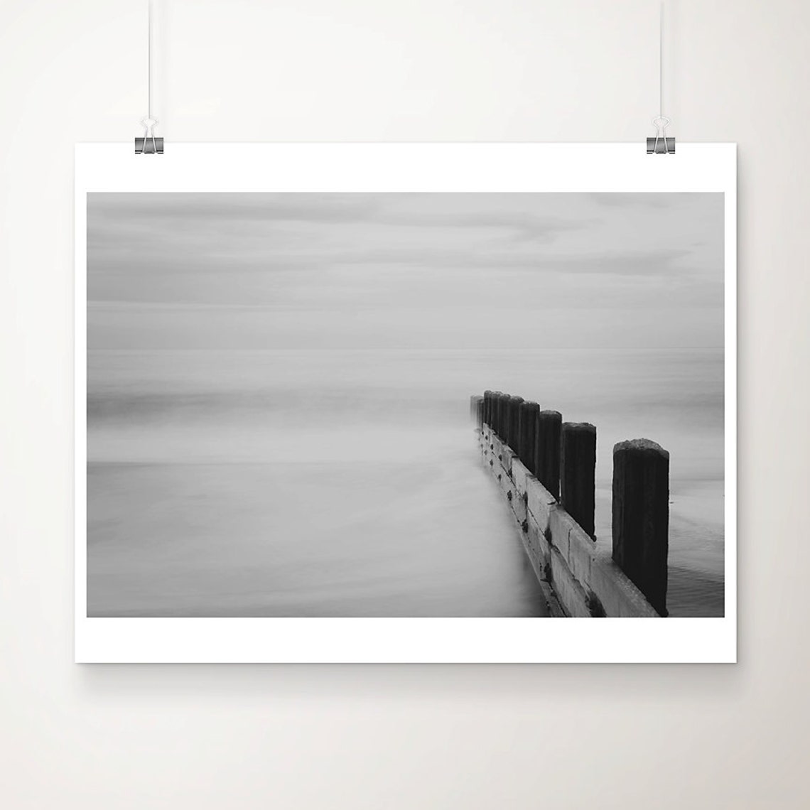 Black and White Long Exposure Beach Breakwater Coastal Fine Art Print